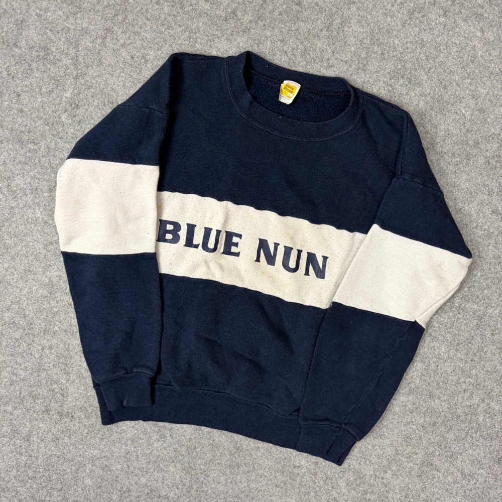 Vintage Velva Sheen Blue Nun Sweatshirt Navy White Stripe 80s Mens Large USA